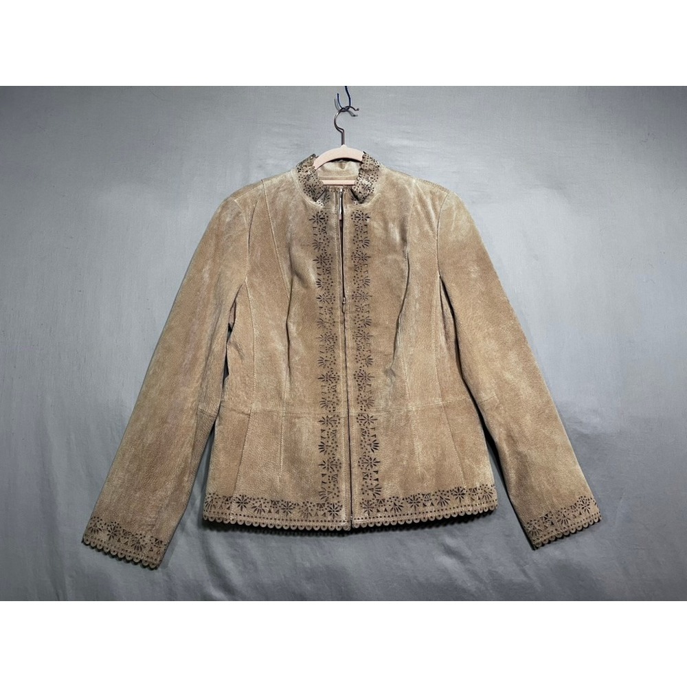 Coldwater Creek Tan Suede Leather Jacket Laser Cut Floral Scallop Trim Size M